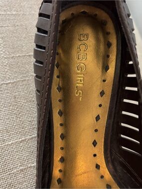 BCBGirls Brown Leather Cutout Slip-On with Gold Insole